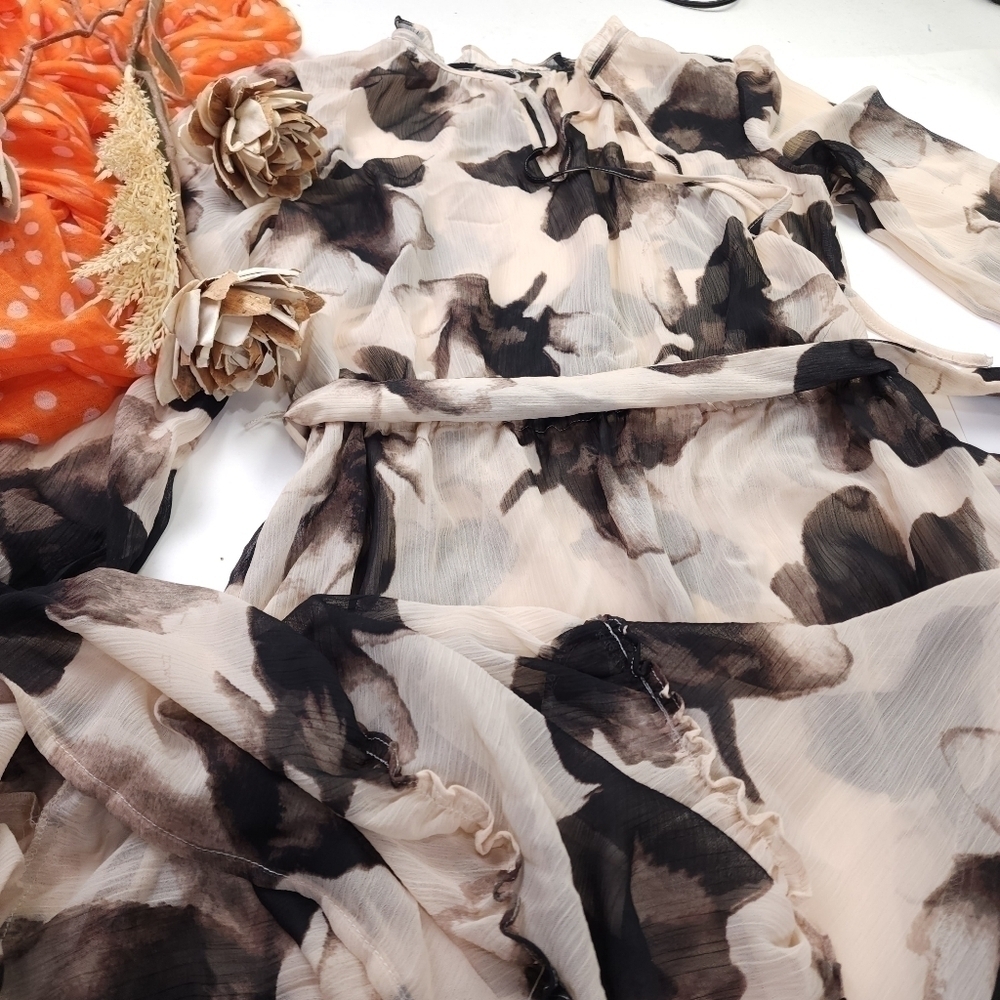 New Simply Vera Wang Beige Brown Black Floral Sheer Maxi High Lo Ruffle Dress Xs - Picture 8 of 14